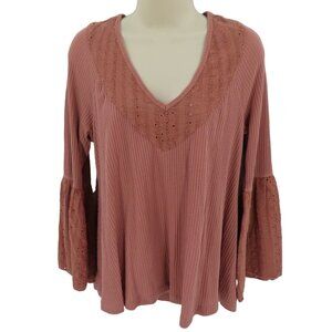 Free People Extra Small Parisian Nights OB921813 Pink Eyelet Bell Sleeve Shirt